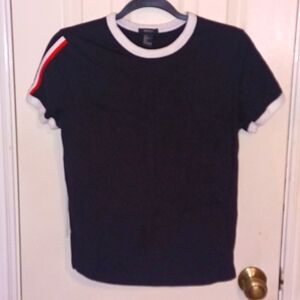 Forever 21 Black Ringer T-Shirt With White and Red Stripe - Size: Large (L)
